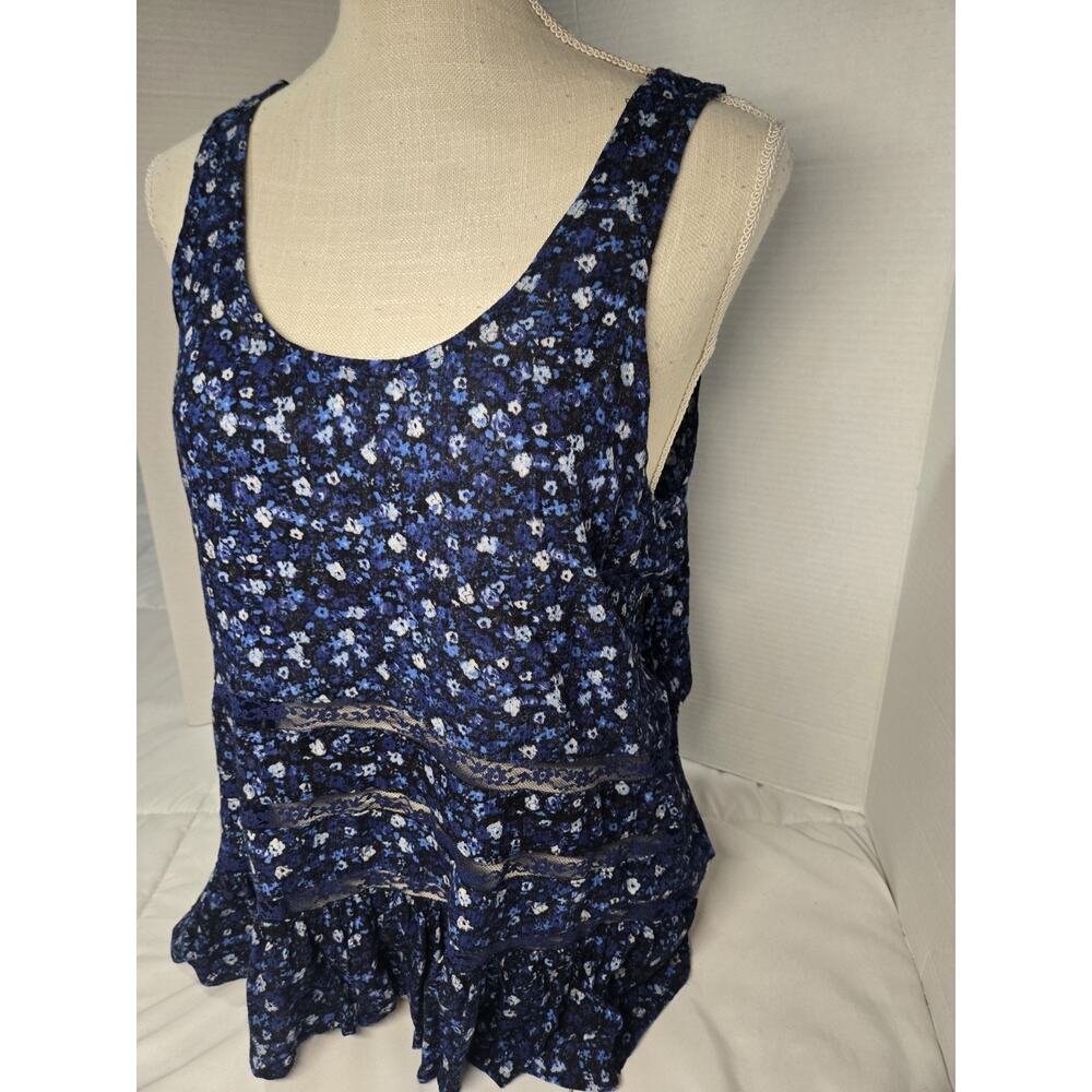 Boho Rue 21 Sz L Floral Sleeveless Blouse Blue Hippie Retro Fringe Lace Detail